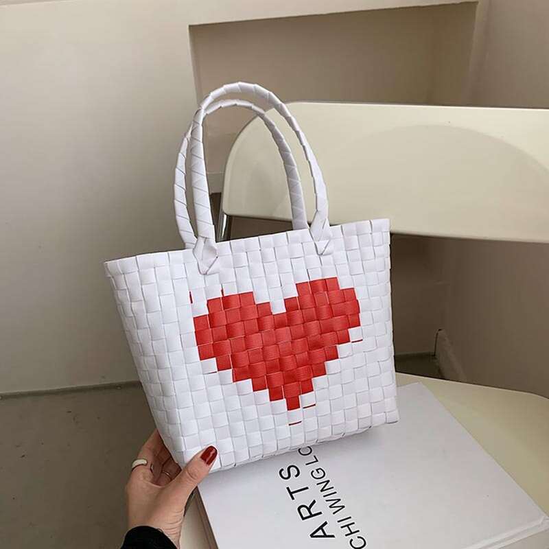 

Colorblock Heart Braided Tote Bag, Red and white