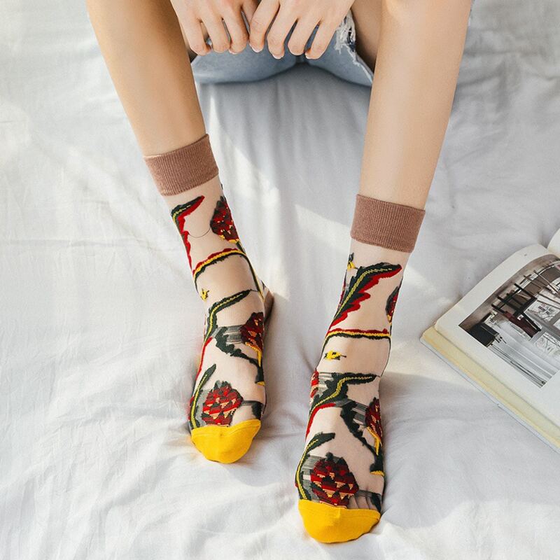 

1pair Floral Crew Socks, Coffee brown