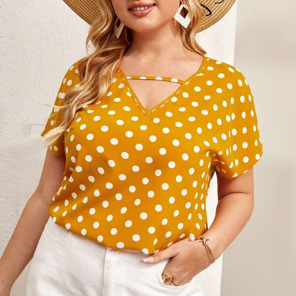 

Plus Polka Dot Keyhole Neckline Blouse, Yellow