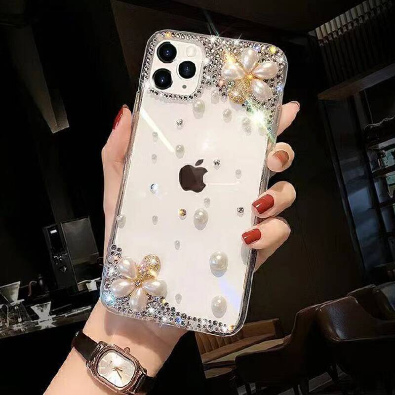 

Flower & Rhinestone Decor Phone Case, Clear