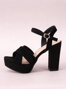 Giày sandal nữ thời trang và thoải mái, hở mũi, quai cài bằng nhung đen, đế cao, gót chunky, mũi vuông, thích hợp cho trang phục mùa xuân hè. - màu đen - Xem 3