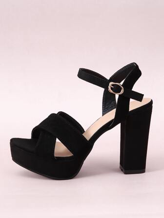 女款時尚舒適露趾黑色天鵝絨扣高台粗跟方頭涼鞋