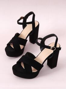 Giày sandal nữ thời trang và thoải mái, hở mũi, quai cài bằng nhung đen, đế cao, gót chunky, mũi vuông, thích hợp cho trang phục mùa xuân hè. - màu đen - Xem 4