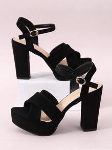 Giày sandal nữ thời trang và thoải mái, hở mũi, quai cài bằng nhung đen, đế cao, gót chunky, mũi vuông, thích hợp cho trang phục mùa xuân hè. - màu đen - Xem 5