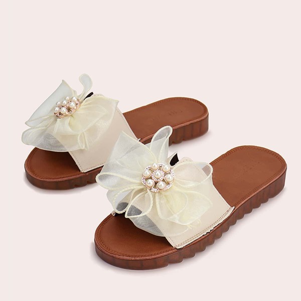 

Faux Pearl & Bow Decor Slide Sandals, Beige