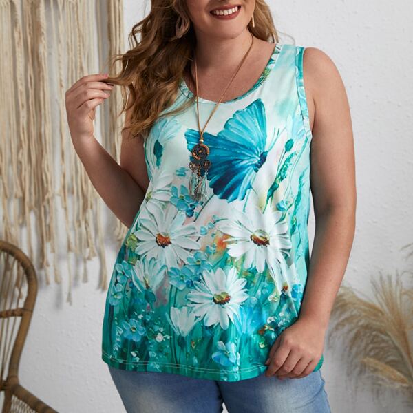 

Plus Butterfly And Daisy Print Tank Top, Multicolor