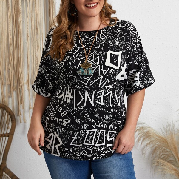 

Plus Allover Letter Graphic Blouse, Black and white