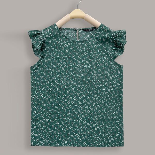 

Plus Ditsy Floral Ruffle Sleeve Blouse, Dark green