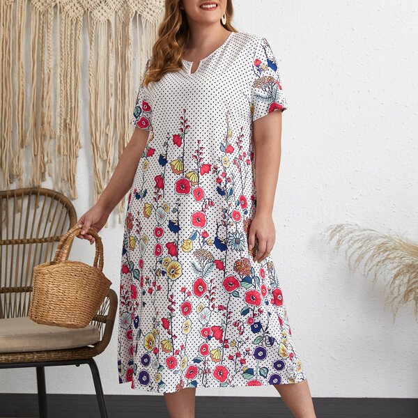 

Plus Floral & Polka Dot Tunic Dress, Multicolor