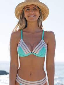 Top bikini triángulo ribete con malla - Azul y blanco - Ver 1