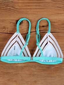 Top bikini triángulo ribete con malla - Azul y blanco - Ver 4