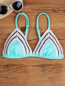 Top bikini triángulo ribete con malla - Azul y blanco - Ver 5