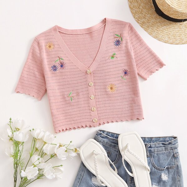 

Floral Embroidery Button Up Cardigan, Baby pink