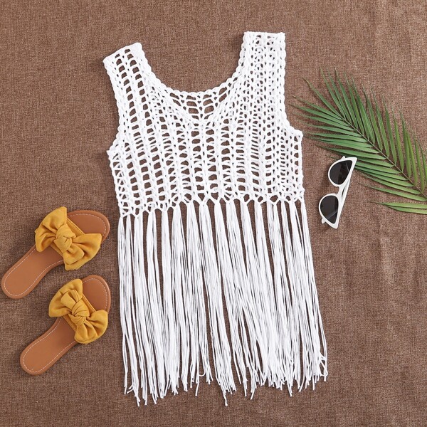 

Open Knit Fringe Hem Sheer Cover Up, White