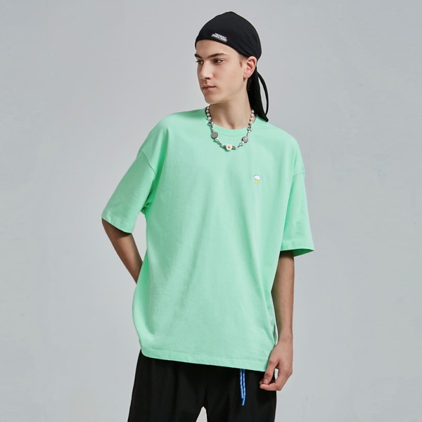 

Men Drop Shoulder Cartoon Embroidery Tee, Mint green
