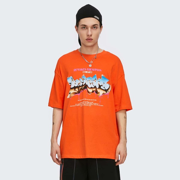 

Men Slogan Graphic Drop Shoulder Tee, Orange bright