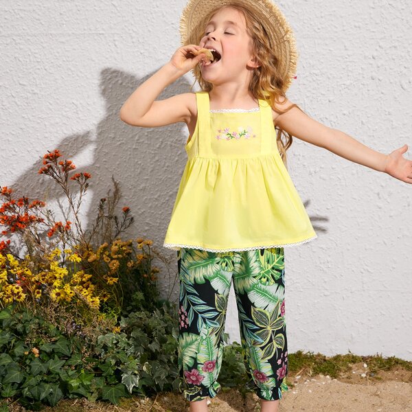 

Toddler Girls Floral Embroidered Cami Top & Tropical Print Pants Set, Multicolor
