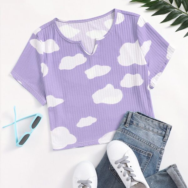 

Plus Clouds Print Notched Neck Tee, Lilac purple