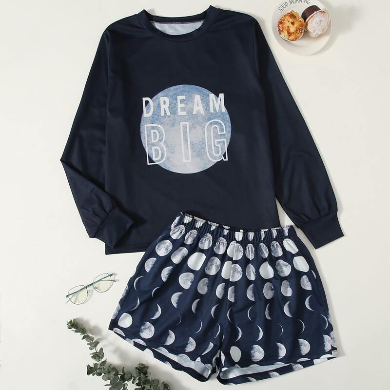 

Moon Print Pants PJ Set, Navy blue