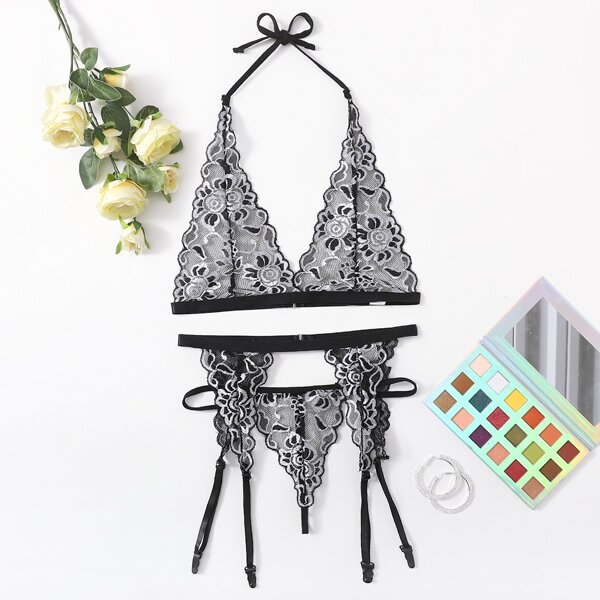 

Floral Lace Garter Lingerie Set, Black and white