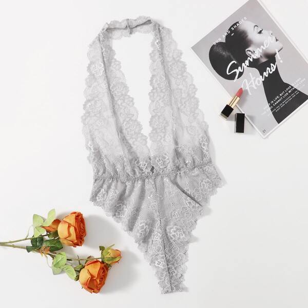 

Floral Lace Plunging Teddy Bodysuit, Light grey