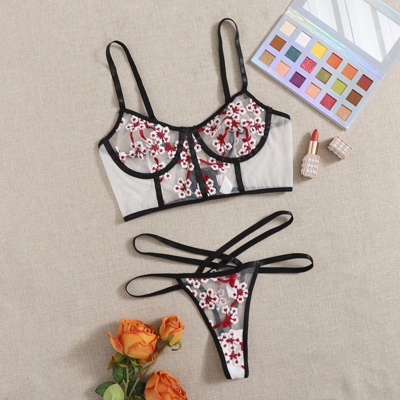 

Embroidered Mesh Underwire Lingerie Set, Multicolor
