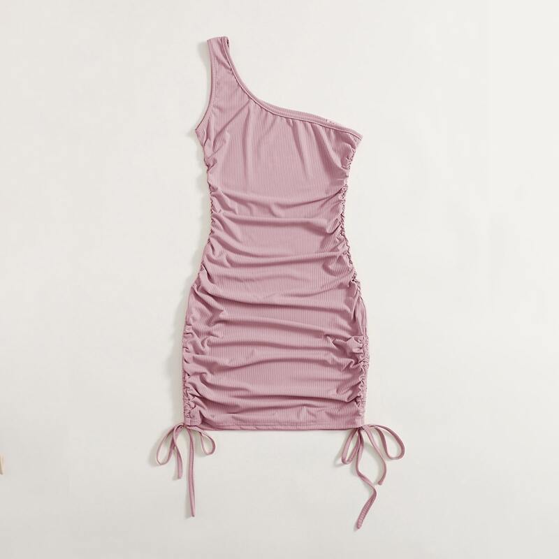 

Solid One Shoulder Drawstring Side Ribbed Bodycon Dress, Dusty pink