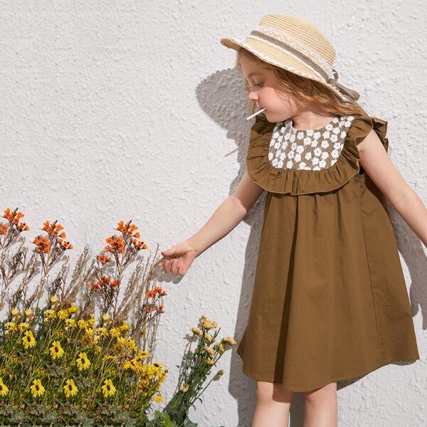 

Toddler Girls Floral Embroidered Mesh Yoke Ruffle Trim Smock Dress, Mocha brown