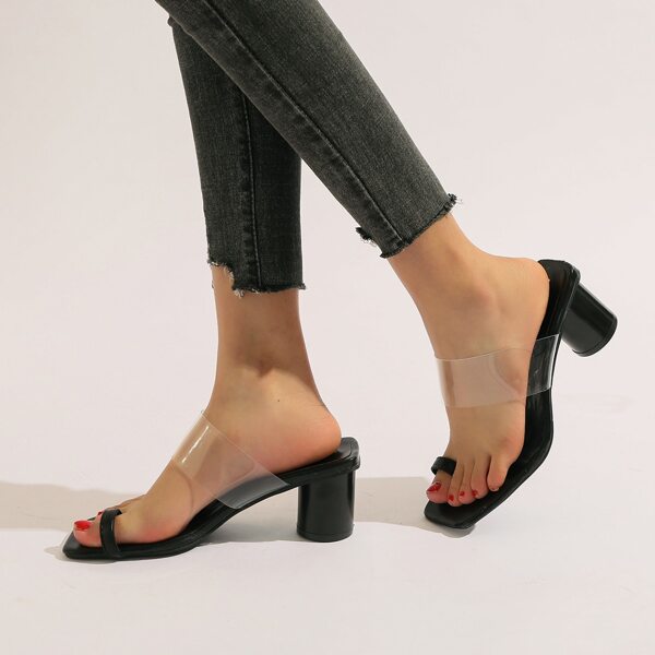 

Clear Toe Loop Chunky Heeled Thong Sandals, Black