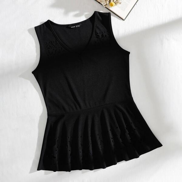 

Laser Cut Ruffle Hem Tank Top, Black