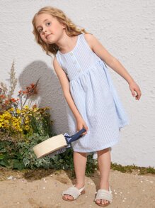 SHEIN 小女童紐扣條紋娃娃洋裝 - 淺藍色 - 查看 1