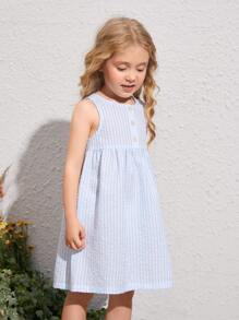 SHEIN 小女童紐扣條紋娃娃洋裝 - 淺藍色 - 查看 4