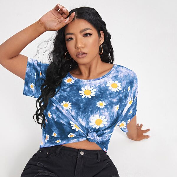 

Plus Drop Shoulder Tie Dye & Floral Print Tee, Blue