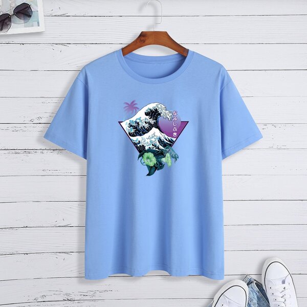 

Men Japanese Letter & Floral Tee, Baby blue