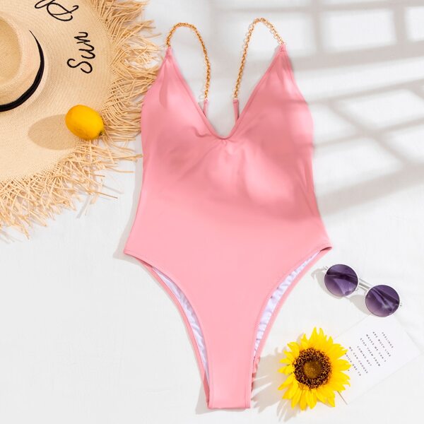 

Chain Strap One Piece Swimsuit, Pink