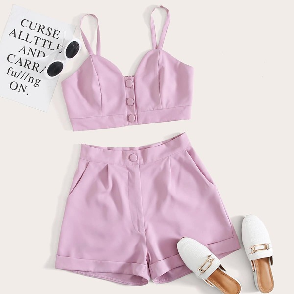

Plus Button Front Cami Top & Shorts Set, Lilac purple