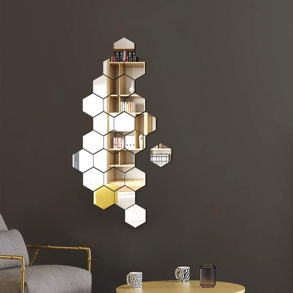

24pcs Hexagon Mirror Surface Wall Sticker, Silver
