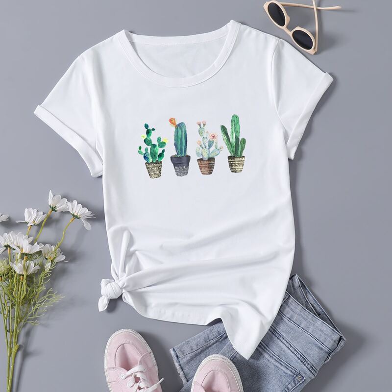 

Cactus Print Crew Neck Tee, White