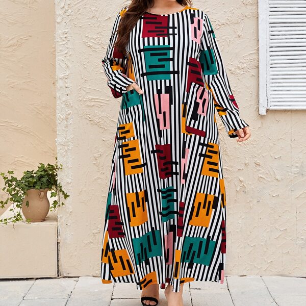 

Plus Colorblock Striped Print Dual Pockets Tunic Dress, Multicolor