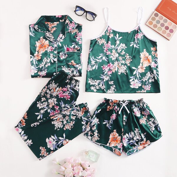 

4Pcs Floral Print Satin PJ Set, Multicolor