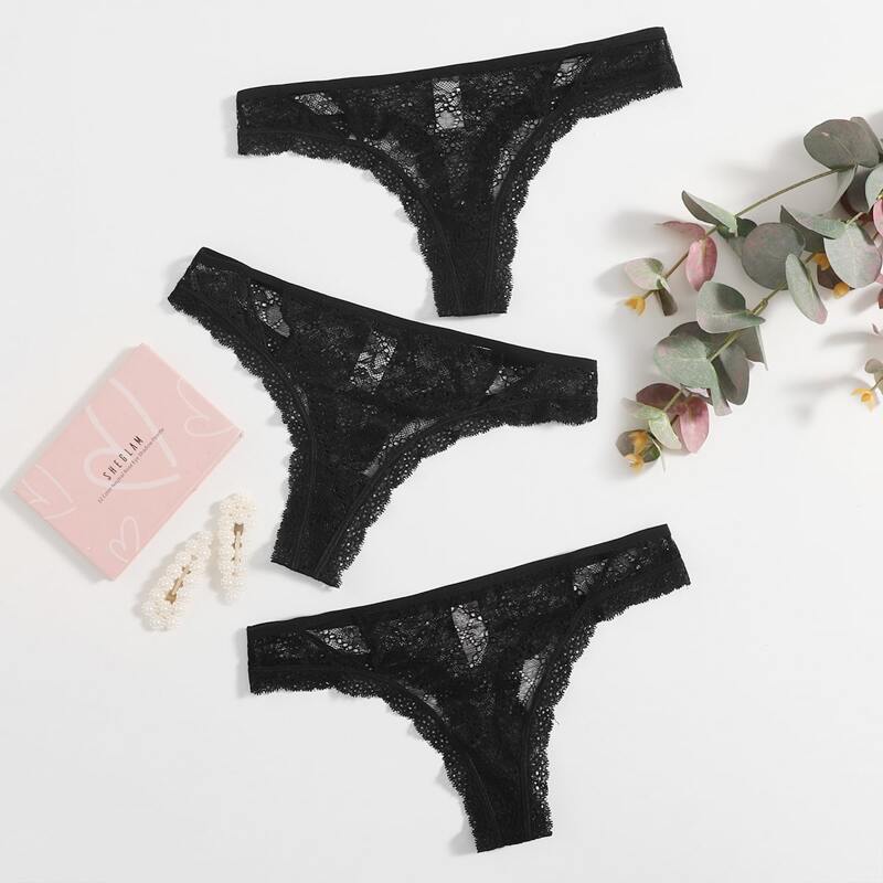 

3pack Cut-out Floral Lace Panty Set, Black