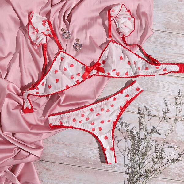 

Heart Print Mesh Ruffle Lingerie Set, Red and white
