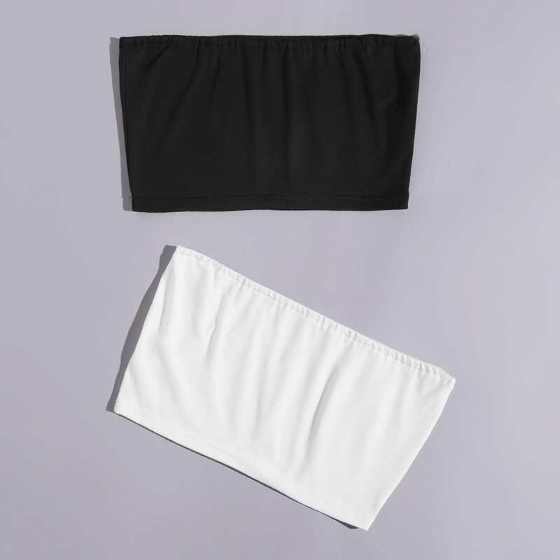 

2pcs Solid Crop Tube Top, Black and white