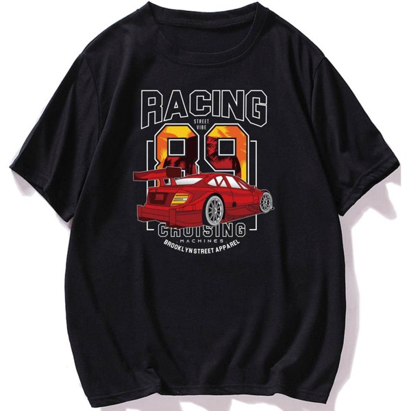 

Men Slogan & Car Print Tee, Black