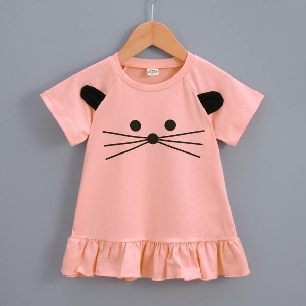 

Baby Girl Cartoon Graphic 3D Ear Design Smock Dress, Coral pink