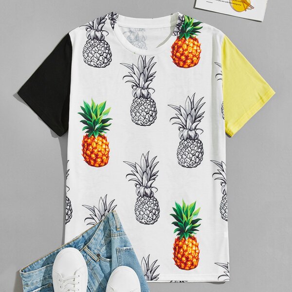 

Men Pineapple Print Colorblock Sleeve Tee, Multicolor