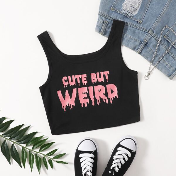 

Letter Graphic Crop Tank Top, Black