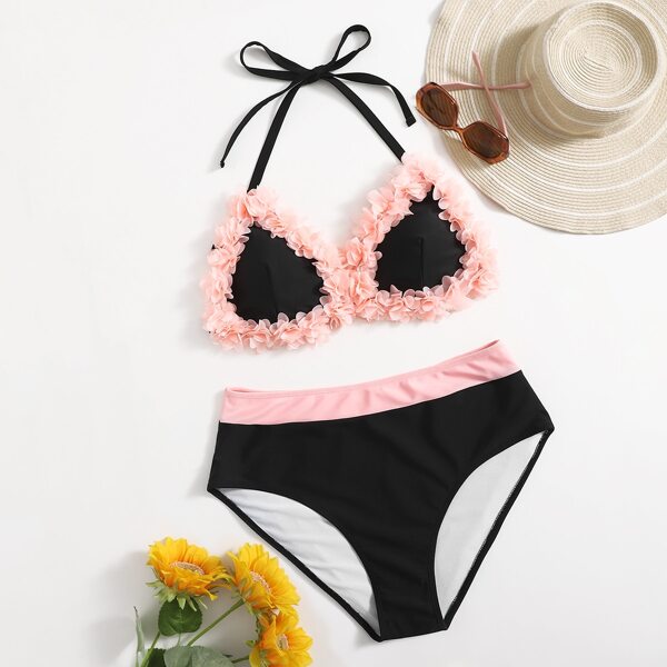 

Plus Applique Triangle Bikini Swimsuit, Black