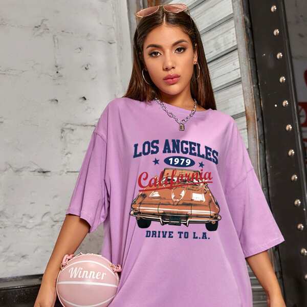

Drop Shoulder Letter Graphic Oversized Tee, Lilac purple