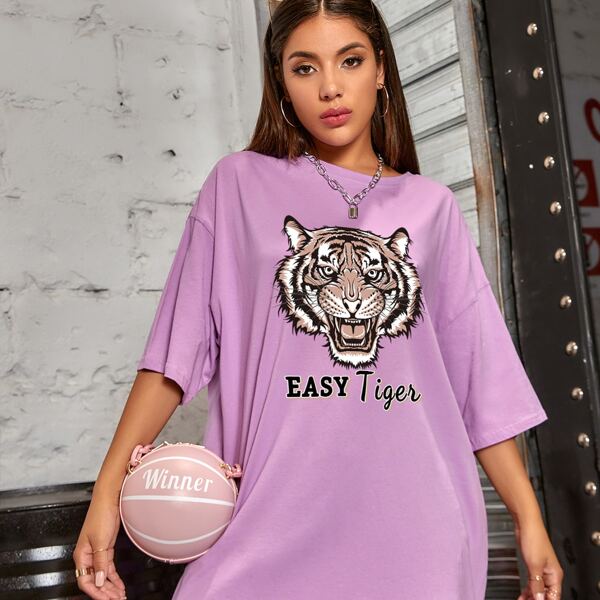 

Drop Shoulder Letter & Tiger Print Oversized Tee, Lilac purple
